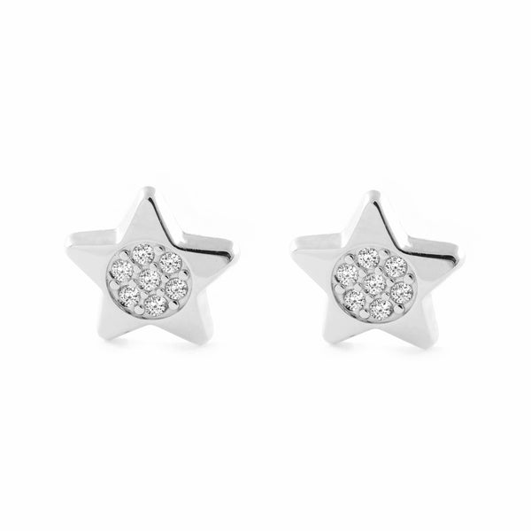 Boucles d'Oreilles Fille Enfant Étoile Zircone Or Blanc 9 Carats