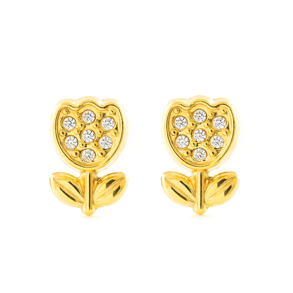 Boucles d'Oreilles Fille Enfant Tulipe Zircone Or Jaune 9 Carats