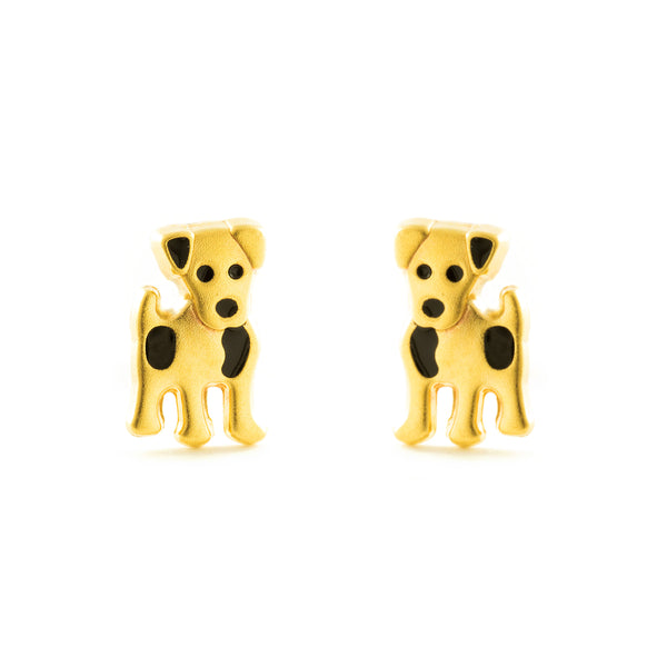 Boucles d'Oreilles Fille Enfant Émail noir Chien Or Jaune 9 Carats