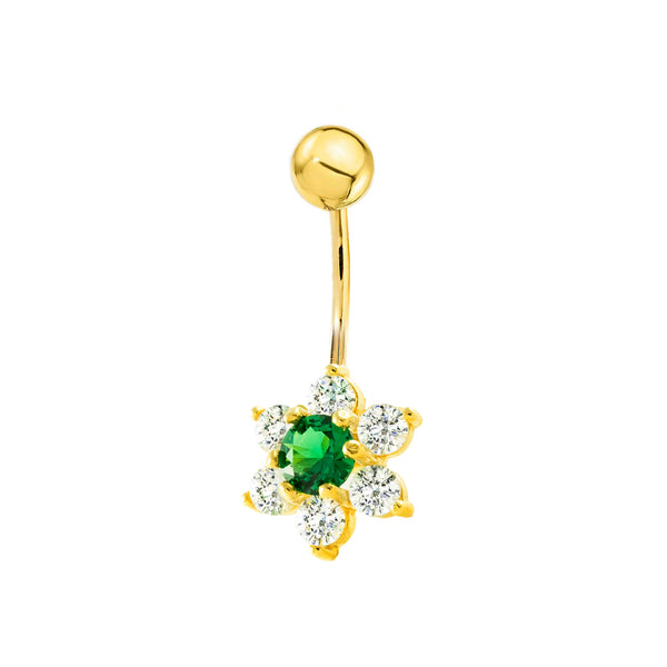 Piercing en Or Jaune 9K Nombril Fleur Zircone Émeraude Brillant