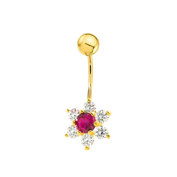 Piercing en Or Jaune 9K Nombril Fleur Zircone Rubis Brillant