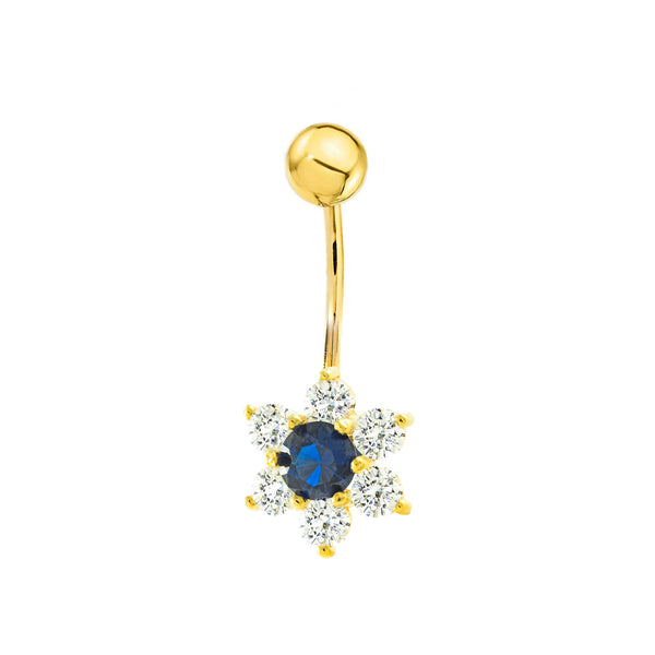 Piercing en Or Jaune 9K Nombril Fleur Zirconite Saphir Brillant