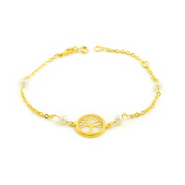 Bracelet Fille Enfant Or Jaune 18 Carats Perle Ronde 3,5 mm Arbre de Vie Nacre Brillant 18 cm