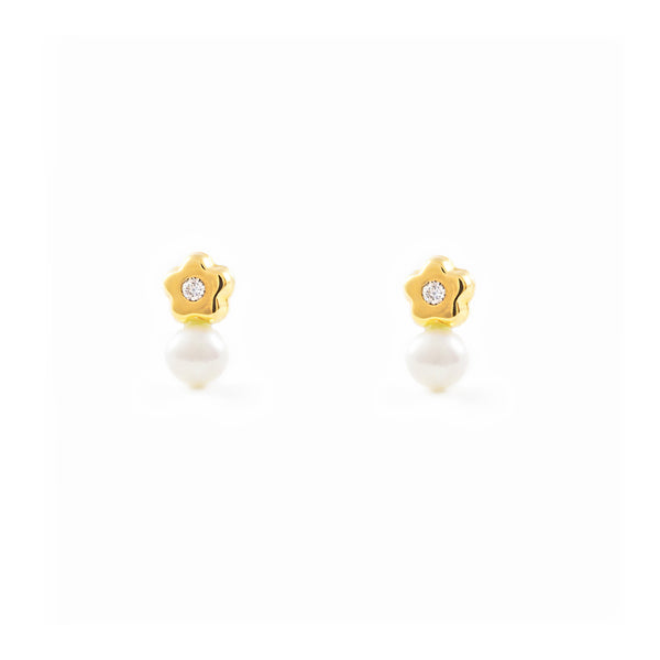 Boucles d'Oreilles Bebe Fille Enfant marguerite fleur Zircone Perle 3 mm Or Jaune 9 Carats