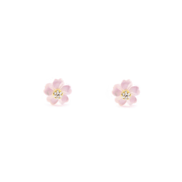 Boucles d'Oreilles Fille Enfant Nacre Fleur Zircone 2 mm Or Jaune 9 Carats