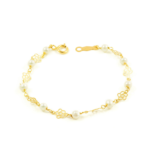 Bracelet Fille Enfant Or Jaune 18 Carats Perle Ronde 3,5 mm Fleur Brillant 13 cm