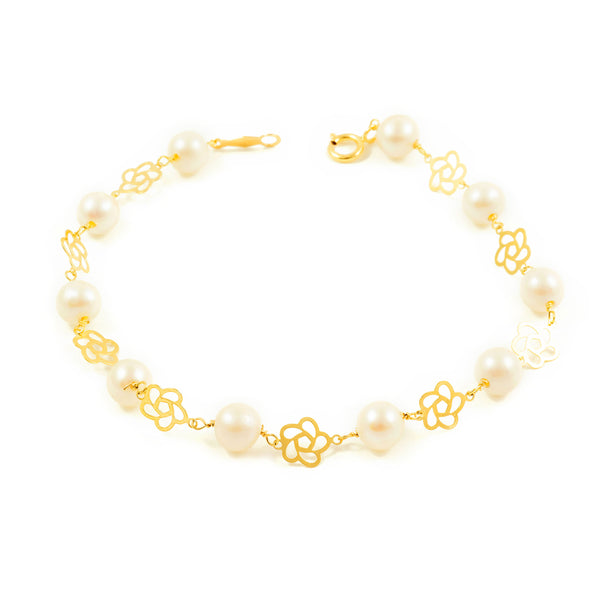 Bracelet Fille Enfant Or Jaune 18 Carats Perle Ronde 5,5 mm Fleur Brillant 18 cm