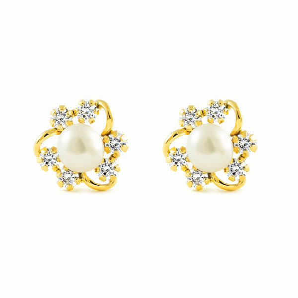 Boucles d'Oreilles Fille Enfant Zircone Perle 4,5 mm Or Jaune 9 Carats