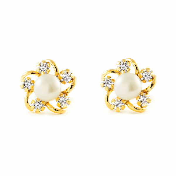 Boucles d'Oreilles Fille Enfant Zircone Perle 4,5 mm Or Jaune 9 Carats