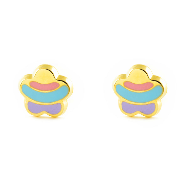 Boucles d'Oreilles Fille Enfant Émail multicolore Fleur Or Jaune 18 Carats