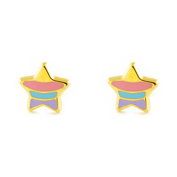 Boucles d'Oreilles Fille Enfant Émail multicolore Étoile Or Jaune 18 Carats