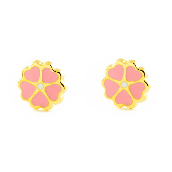 Boucles d'Oreilles Fille Enfant Émail violet Fleur Or Jaune 18 Carats