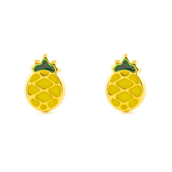 Boucles d'Oreilles Fille Enfant Émail vert-Jaune Ananas Or Jaune 18 Carats