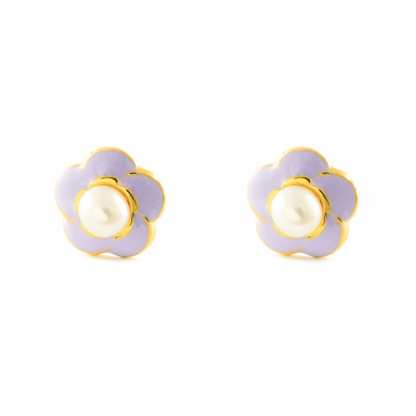 Boucles d'Oreilles Fille Enfant Émail violet Fleur Perle 3 mm Or Jaune 9 Carats