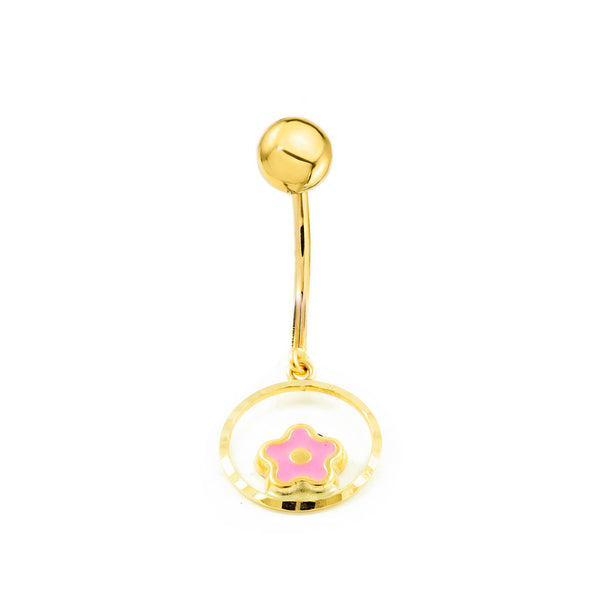 Piercing en Or Jaune 9K Nombril Émail Fleur Rose Brillant