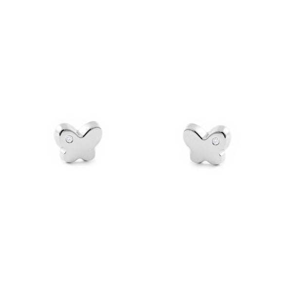 Boucles d'Oreilles Bebe Fille Enfant Papillon Zircone Or Blanc 9 Carats