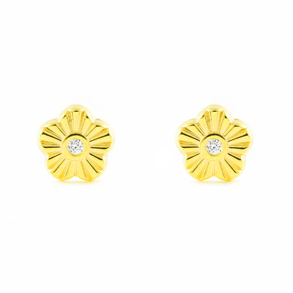 Boucles d'Oreilles Fille Enfant Fleur Zircone Or Jaune 9 Carats