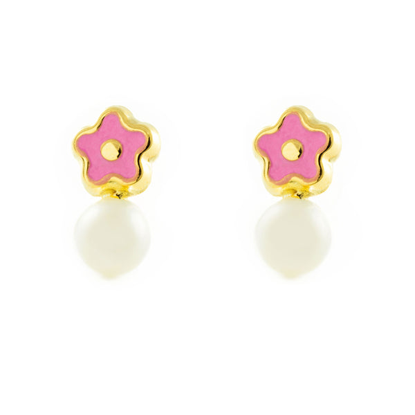 Boucles d'Oreilles Fille Enfant Émail rose Fleur Perle 4 mm Or Jaune 9 Carats