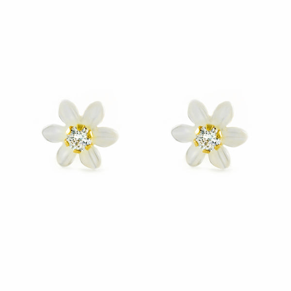 Boucles d'Oreilles Fille Enfant Nacre Fleur Or Jaune 18 Carats