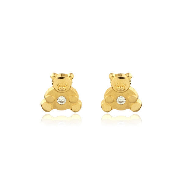 Boucles d'Oreilles Fille Enfant Ours Zircone Or Jaune 18 carats mates et brillantes