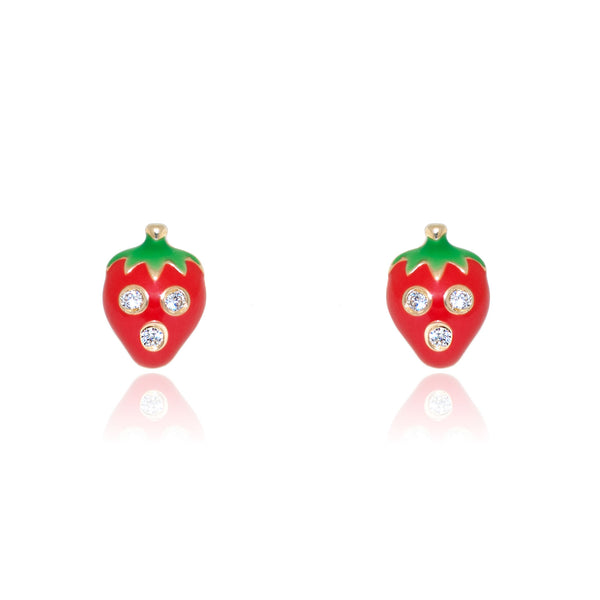 Boucles d'Oreilles Fille Enfant Émail rouge-vert Fraises Zircone Or Jaune 18 Carats