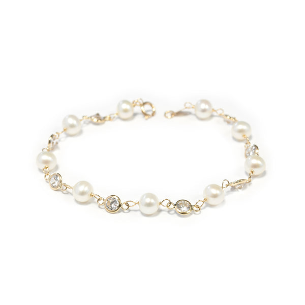 Bracelet Fille Enfant Or Jaune 18 Carats Perle Ronde 5,5 mm Charms Ronds Zircone Brillant 17 cm