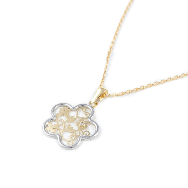 Pendentif Fleur Zircone Or Bicolore 18 Carats mat et brillant