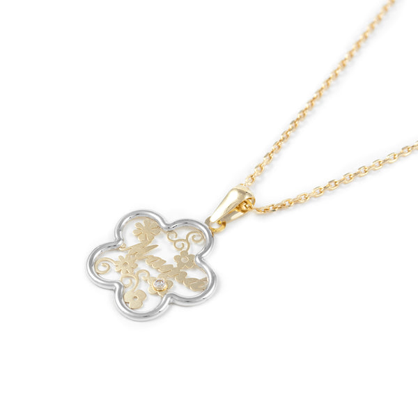 Pendentif Fleur Zircone Or Bicolore 18 Carats mat et brillant