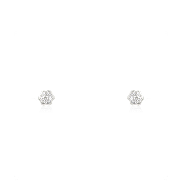 Boucles d'Oreilles Bebe Enfant marguerite fleur Zircone Or Blanc 9 Carats