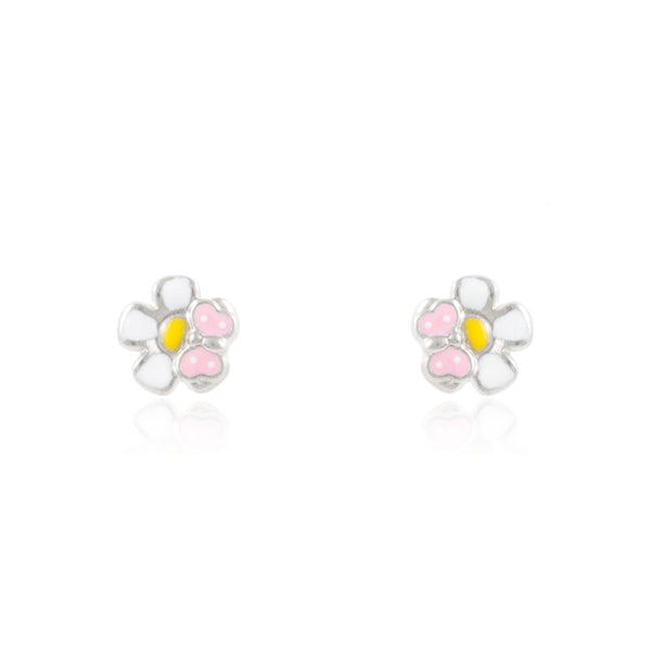 Boucles d'Oreilles Émail rose clair Fleur Argent 925 brillant