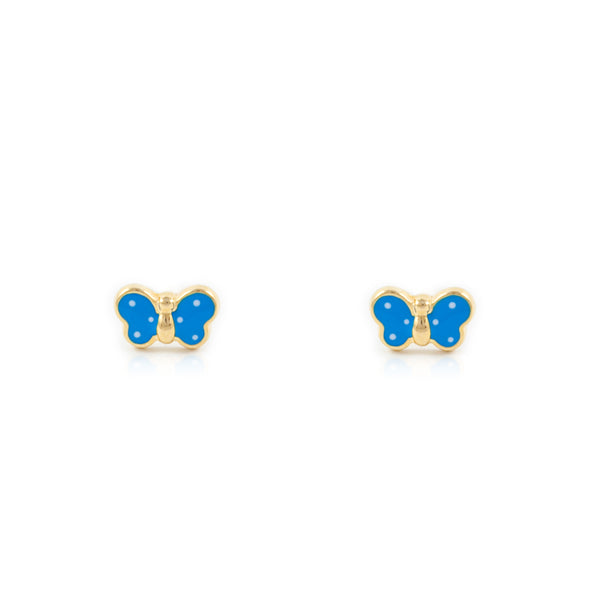 Boucles d'Oreilles Bebe Fille Enfant Émail bleu intense Papillon Or Jaune 9 Carats