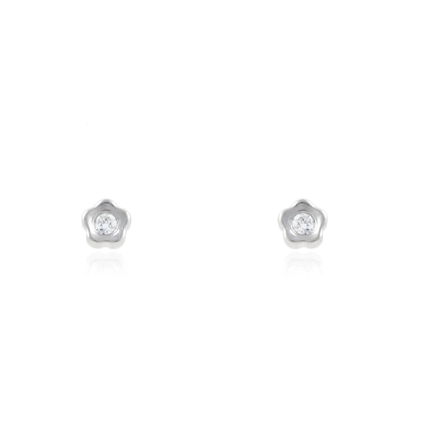 Boucles d'Oreilles Bebe Enfant marguerite fleur Zircone Or Blanc 9 Carats