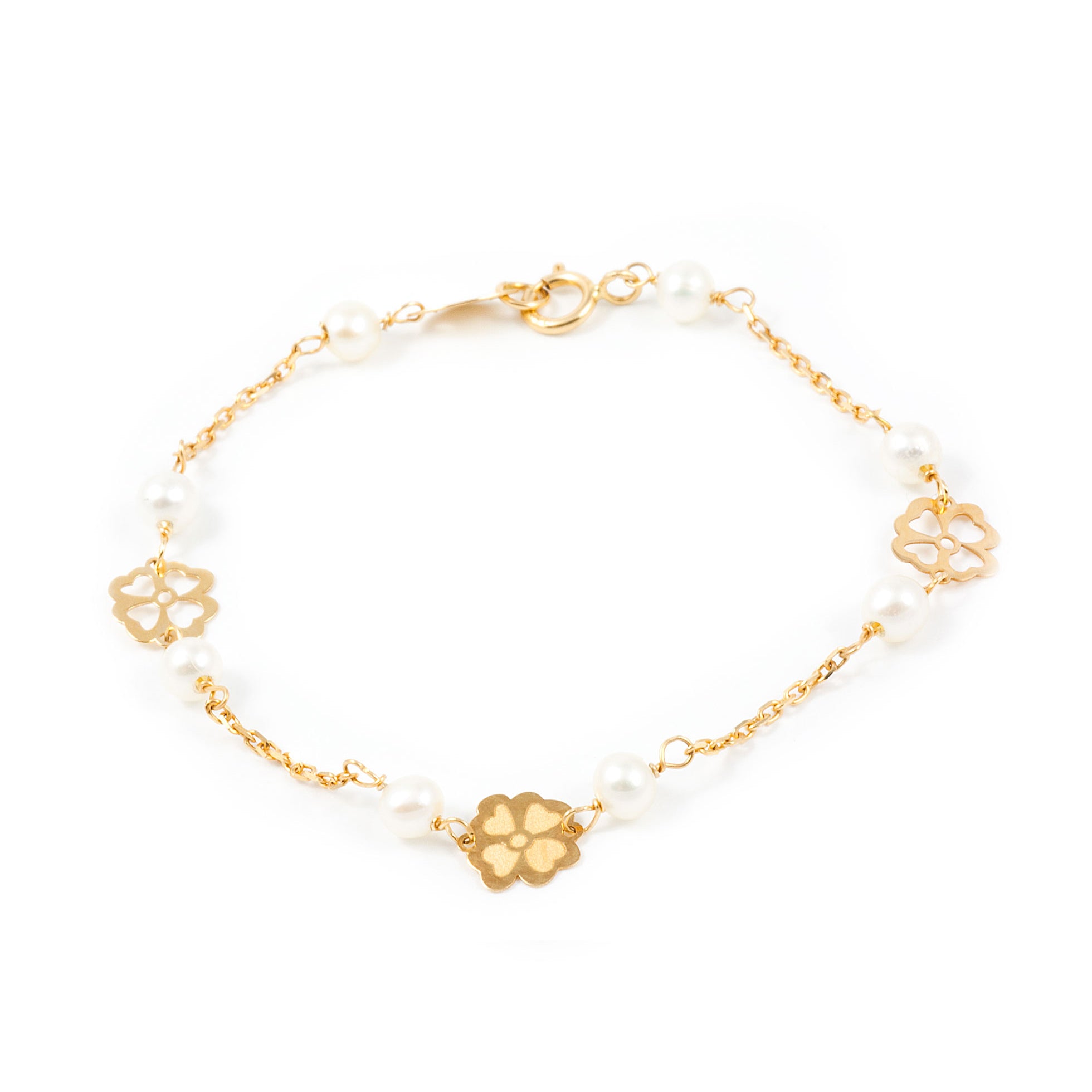 Bracelet Fille Enfant Or Jaune 18 Carats Perle Ronde Fleur Brillant 13 Cm - Certificat Garantie