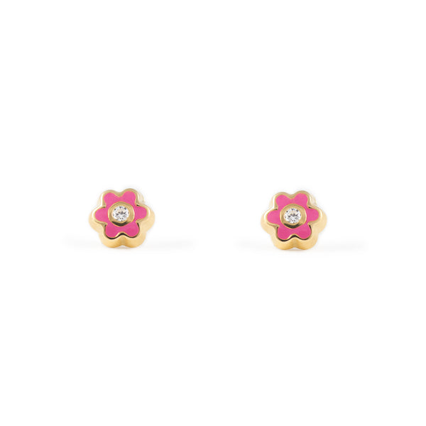 Boucles d'Oreilles Bebe Fille Enfant Émail rose intense marguerite fleur Zircone Or Jaune 18 Carats