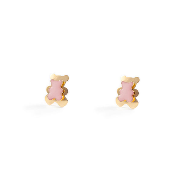 Boucles d'Oreilles Fille Enfant Émail rose clair Ours Or Jaune 9 Carats