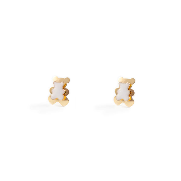 Boucles d'Oreilles Fille Enfant Émail blanc Ours Or Jaune 9 Carats