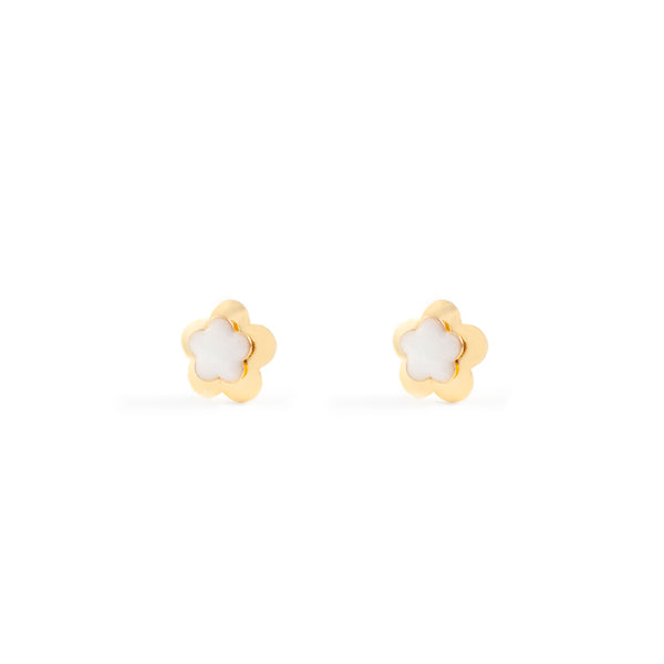 Boucles d'Oreilles Fille Enfant Émail blanc Fleur Or Jaune 9 Carats