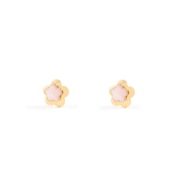 Boucles d'Oreilles Fille Enfant Émail rose clair Fleur Or Jaune 9 Carats