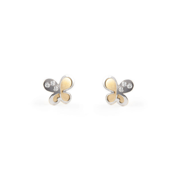 Boucles d'Oreilles Fille Enfant Papillon Zircone Or Bicolore 18 carats mates et brillantes