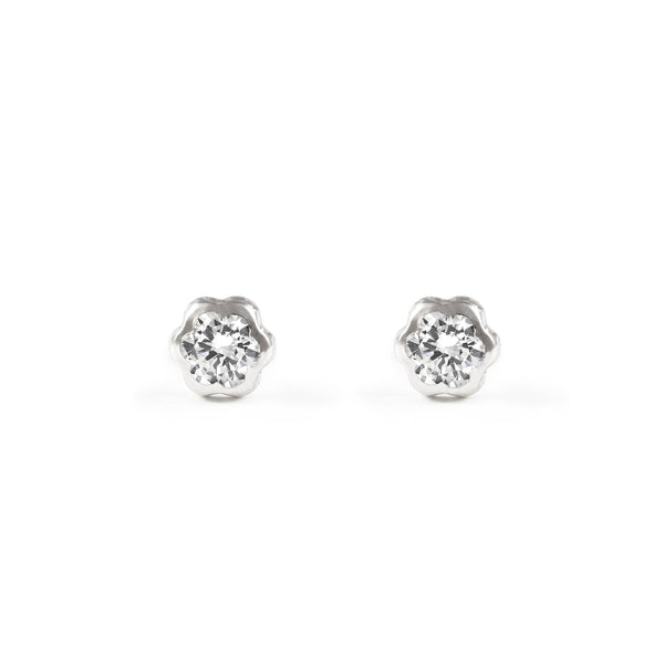 Boucles d'Oreilles Fleur Zircone 4,75 mm Or Blanc 18 Carats