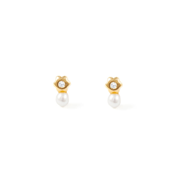 Boucles d'Oreilles Bebe Fille Enfant marguerite fleur Zircone Perle 3,5 mm Or Jaune 18 Carats