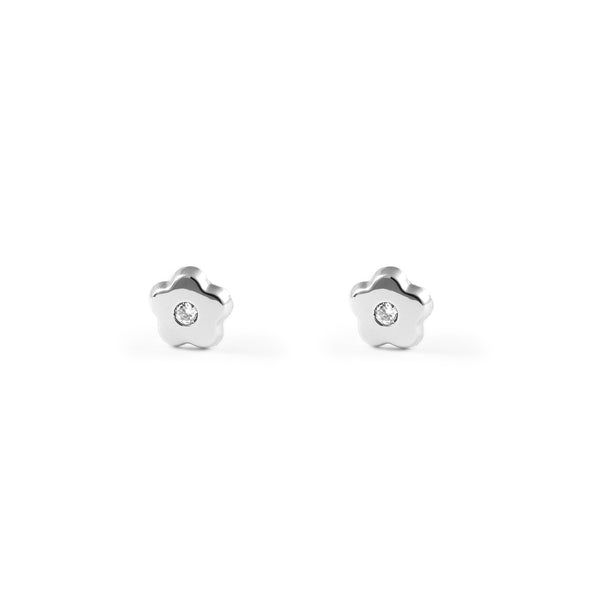 Boucles d'Oreilles Bebe Fille Enfant marguerite fleur Zircone Or Blanc 9 Carats