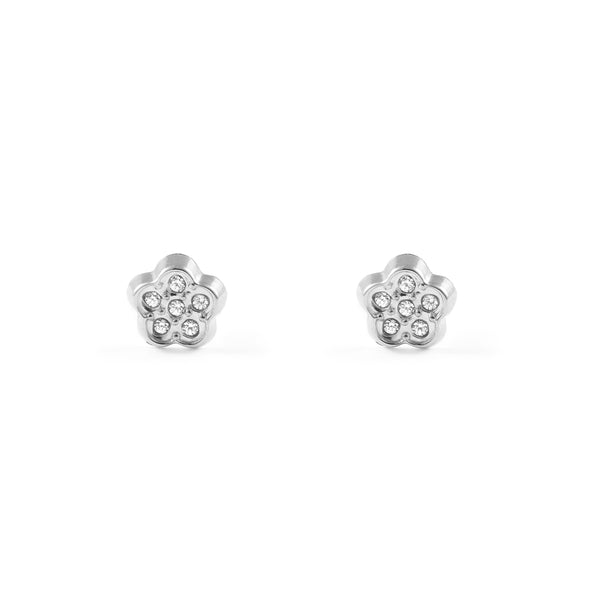 Boucles d'Oreilles Bebe Fille Enfant marguerite fleur Zircone Or Blanc 9 Carats