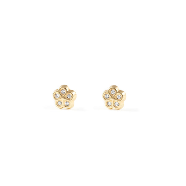 Boucles d'Oreilles Bebe Fille Enfant marguerite fleur Zircone Or Jaune 9 Carats