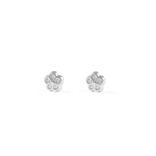 Boucles d'Oreilles Bebe Fille Enfant marguerite fleur Zircone Or Blanc 9 Carats