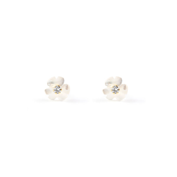 Boucles d'Oreilles Fille Enfant Nacre Fleur Zircone Or Jaune 18 Carats