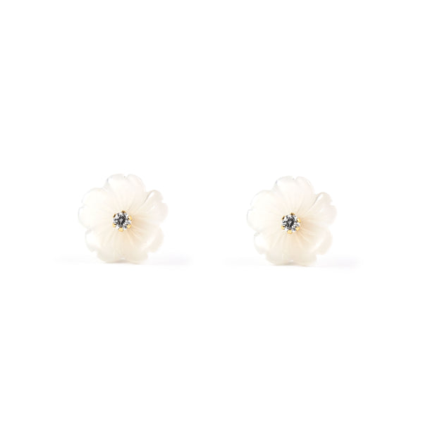 Boucles d'Oreilles Nacre Fleur Zircone Or Jaune 9 Carats