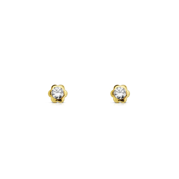 Boucles d'Oreilles Bebe Fille Enfant Fleur Zircone Or Jaune 9 Carats