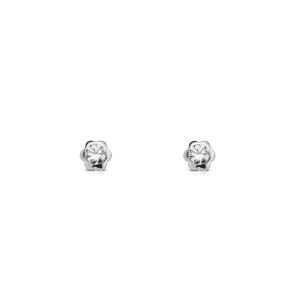 Boucles d'Oreilles Bebe Fille Enfant Fleur Zircone Or Blanc 9 Carats