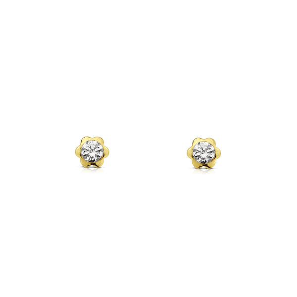 Boucles d'Oreilles Fille Enfant Fleur Zircone Or Jaune 9 Carats